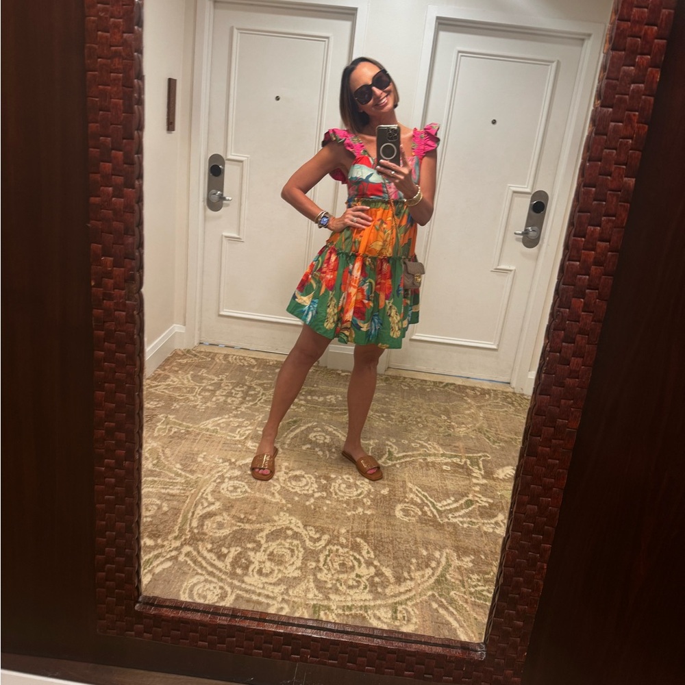 FARM Rio Tropical Floral Mini Dress in Green, Orange & Pink